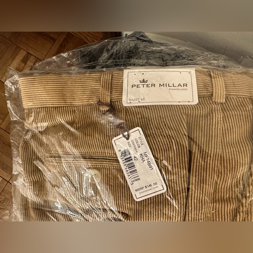 Brand NWT Peter Millar MF14B91 Nanoluxe Khaki color Corduroy pants 42” x 36”